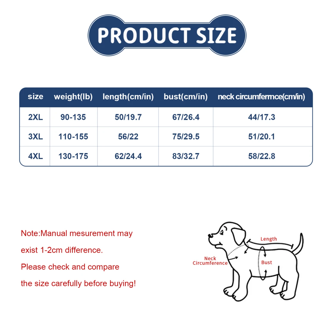 Custom Large Dog Hoodie, Print Your Own Photo or Design, 2XL to 4XL size chart