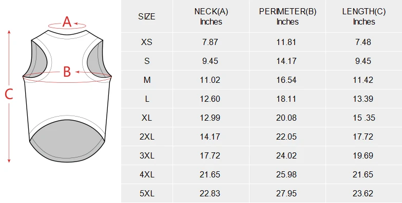 All Over Print Pet Tank Top size chart
