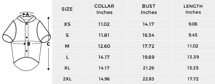 All Over Print Pet Dog Fuzzy Hoodie size chart