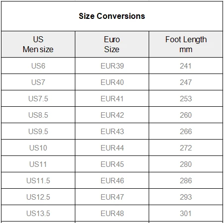 Men's Twisted Sole Sneakers size chart
