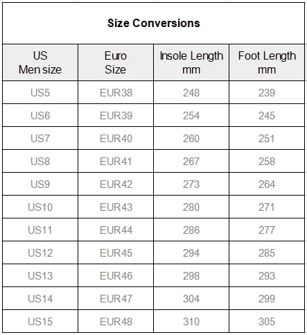 Men's Fitness Shoes with Shoelaces size chart