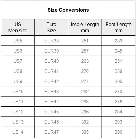 Men's Water Training Shoes with Shoelaces size chart
