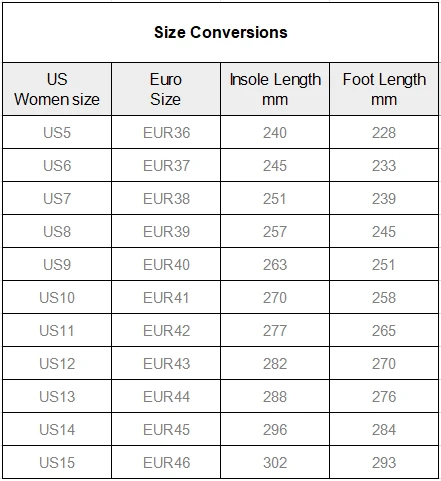 Women's Water Training Shoes with Shoelaces size chart
