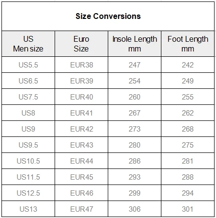 Men's Velcro Slide Slippers size chart