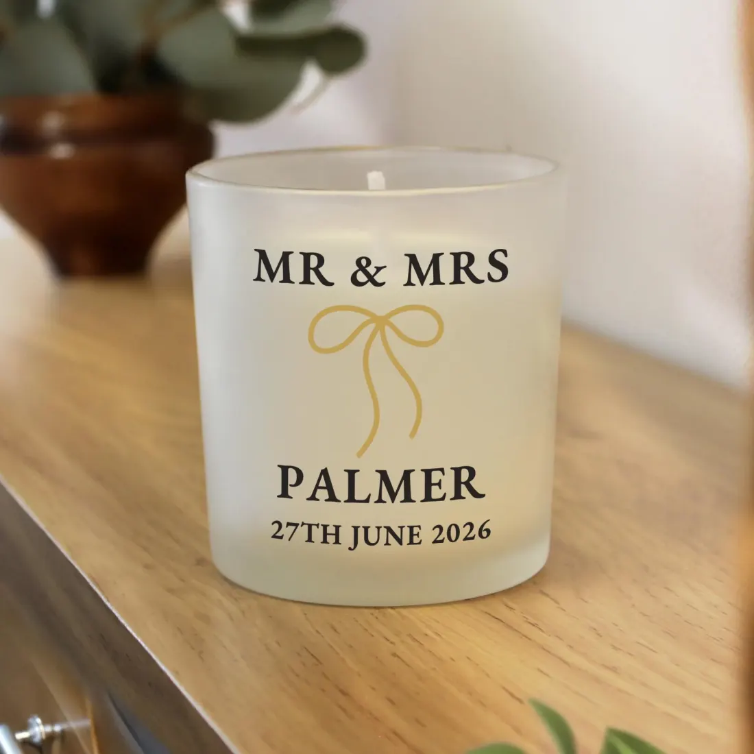Personalised Black and Gold Bow Frosted Candle, Custom Wedding and Anniversary Gift — photo 4