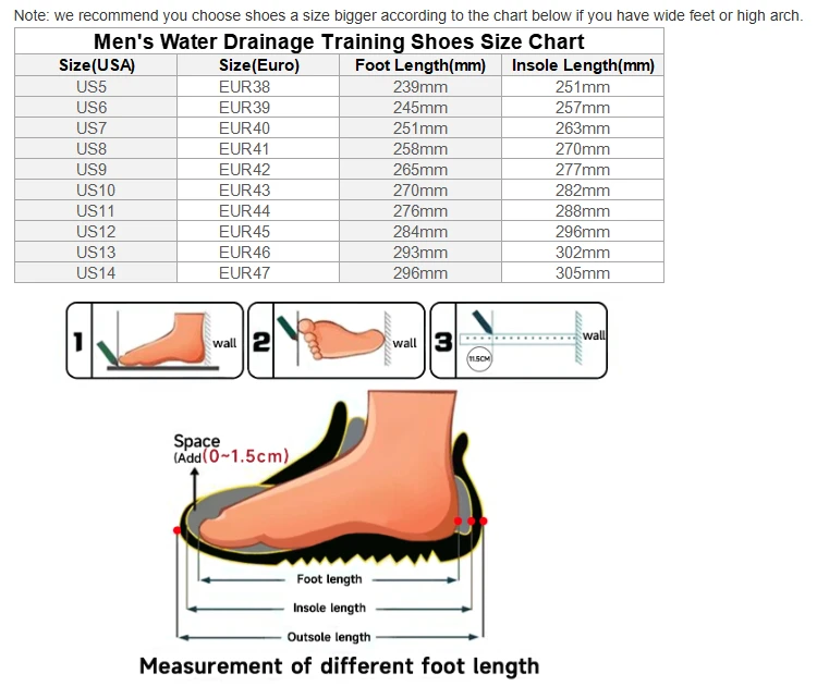 Men's Quick-Dry Fitness Shoes size chart