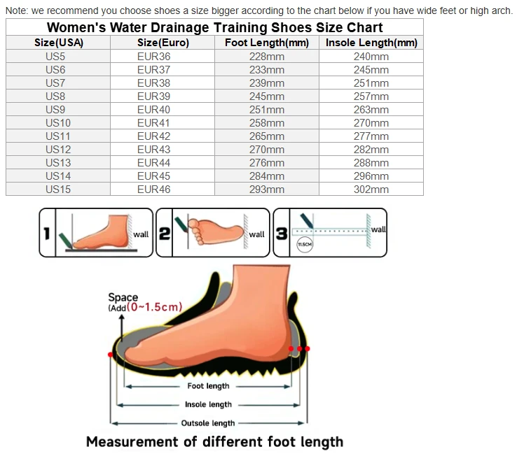 Women's Quick-Dry Fitness Shoes size chart