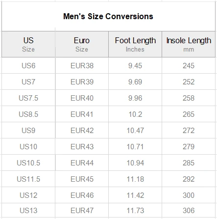 Men's High-Top Outdoor Chunky Sneakers size chart