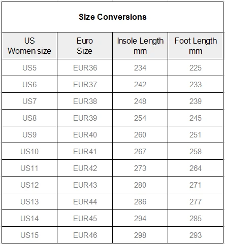 Women's Fitness Shoes with Shoelaces size chart