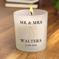 Personalised Black and Gold Bow Frosted Candle, Custom Wedding and Anniversary Gift thumbnail 5