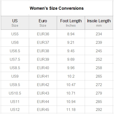 Women's High-Top Outdoor Chunky Sneakers size chart