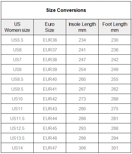 Women's Velcro Slide Slippers size chart