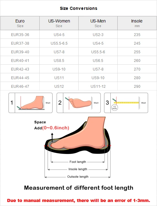 Custom Cotton Slippers size chart