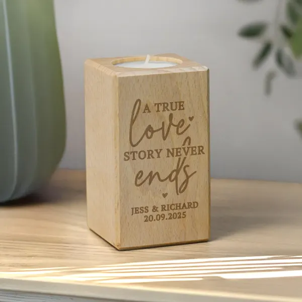 Engraved Love Story Wooden Tealight Holder, Personalised Candle Gift for Couples