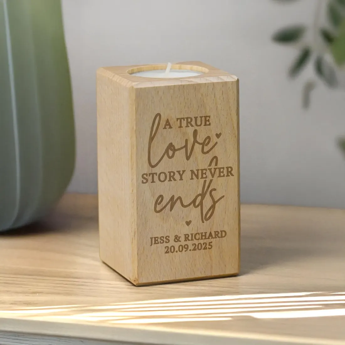 Engraved Love Story Wooden Tealight Holder, Personalised Candle Gift for Couples