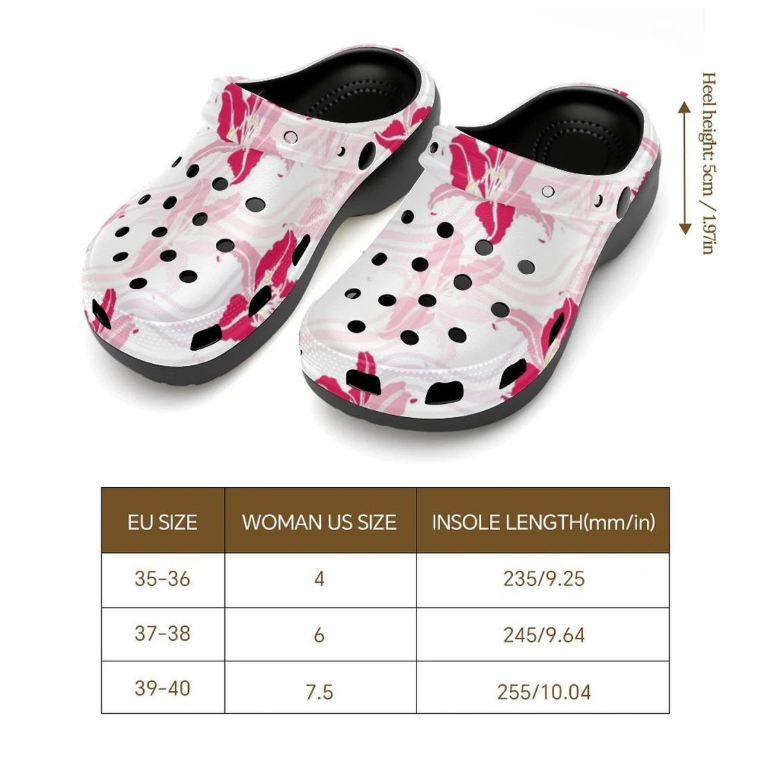 Women's High-heeled Clogs size chart