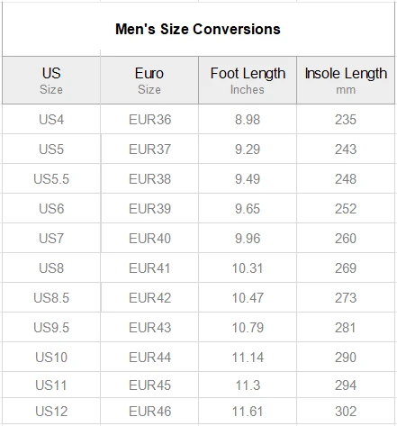 Men's Low-Top Canvas Sneakers size chart