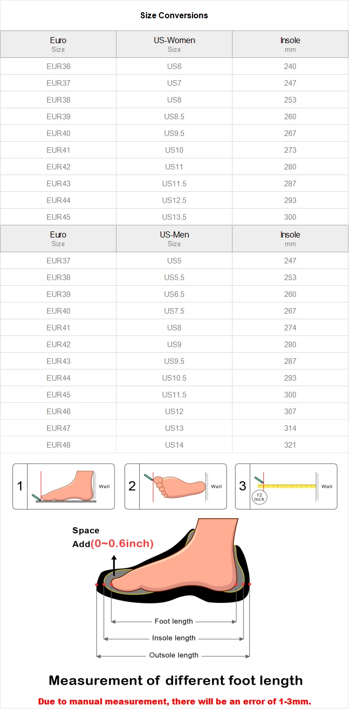 Custom Velcro Slippers size chart