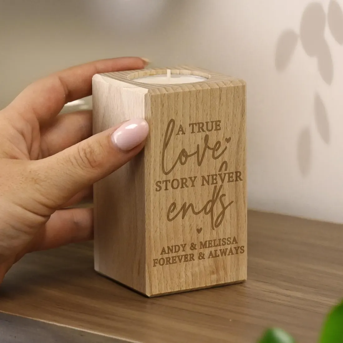 Engraved Love Story Wooden Tealight Holder, Personalised Candle Gift for Couples — photo 4