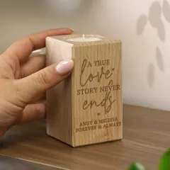 Engraved Love Story Wooden Tealight Holder, Personalised Candle Gift for Couples thumbnail 4