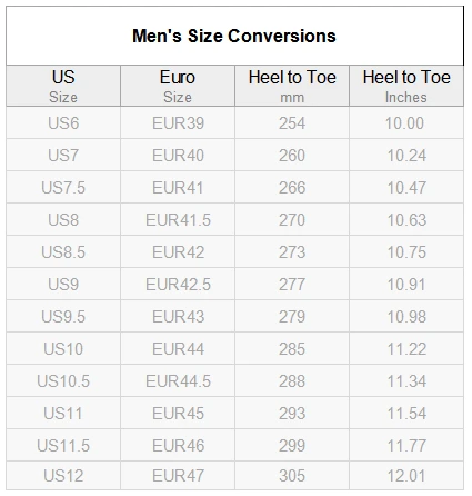 Men's Alpha Running Shoes (Model 10093) size chart