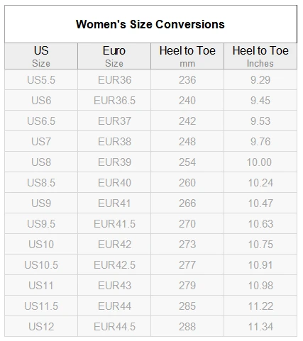 Women's Mudguard Running Shoes (Model 10092) size chart