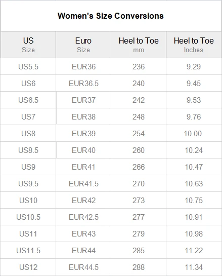 Women's Pull Loop Sneakers (Model 02001) size chart