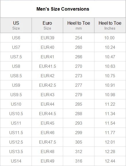 Men's Pull Loop Sneakers (Model 02001) size chart