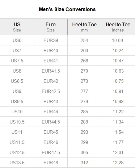 Men's Slip-On Sneakers (Model 67502) size chart