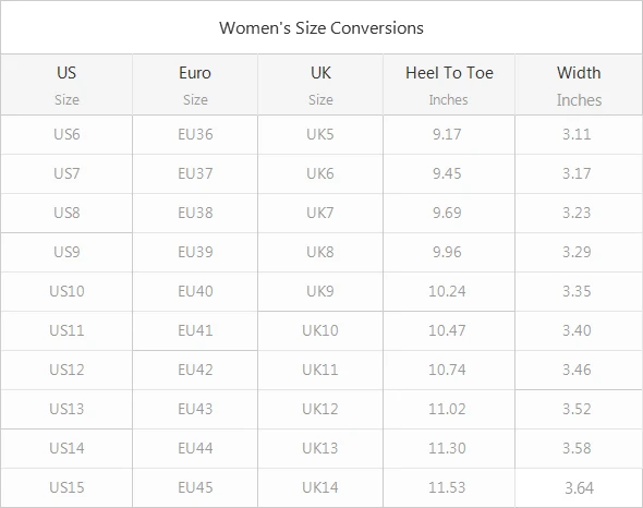 Women's Sneakers (Model 020) size chart