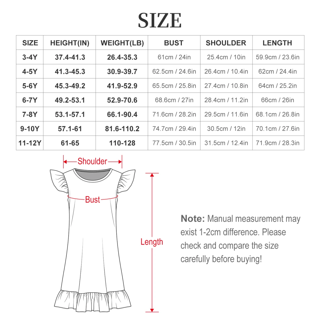 Girls' Ruffle Hem Nightgown size chart
