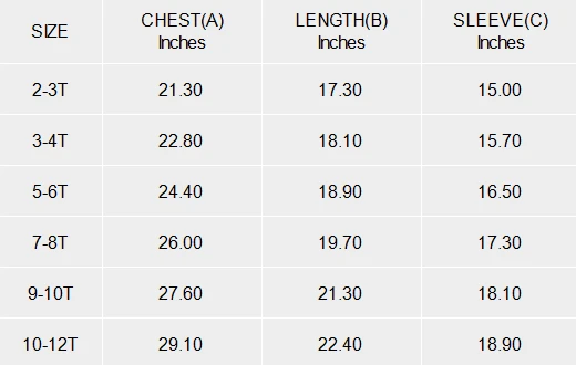 Kids Crew Neck Long Sleeve T-Shirt size chart