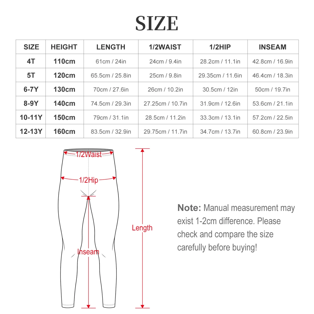 Girls' Yoga Leggings size chart