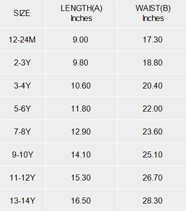 Kids' Drawstring Beach Shorts with Side Pockets size chart