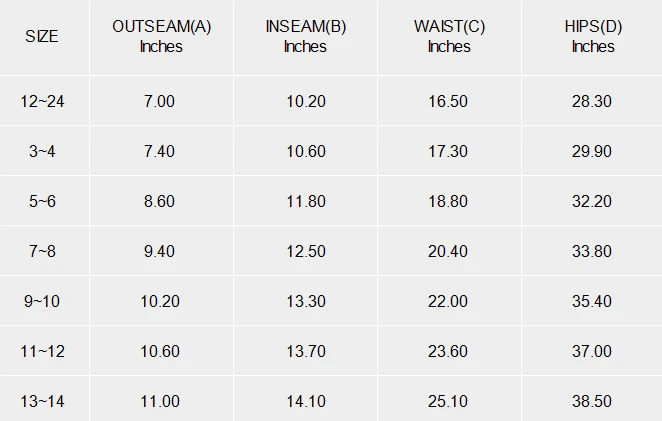 Kids' Flared Shorts size chart