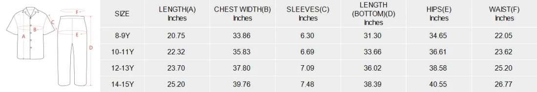 Big Boys' V-Neck Pajama Set (Model Sets 32) size chart