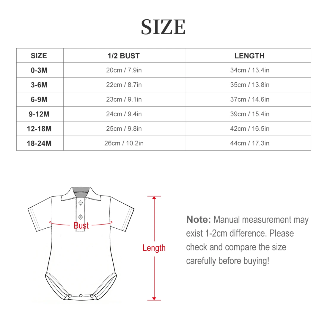 Baby Short Sleeve Polo Romper size chart