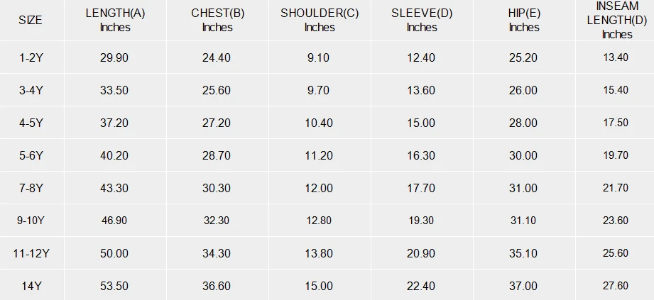 Kids Hooded Jumpsuit size chart
