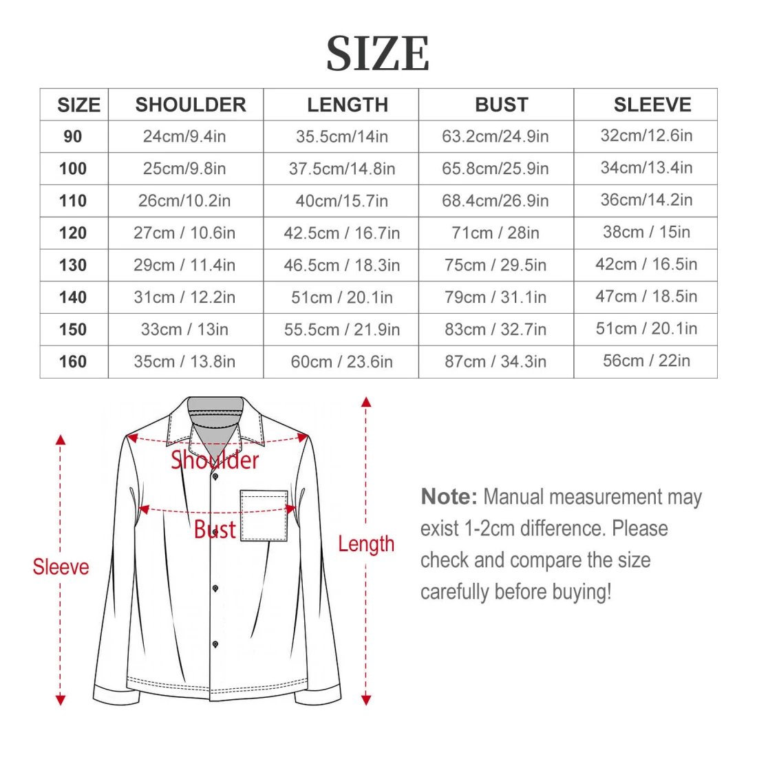Kid's Pajama Sets size chart