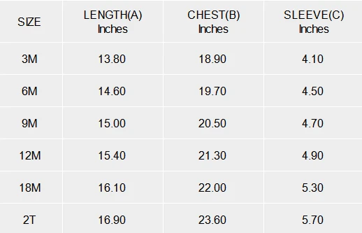 Custom Infant Romper size chart