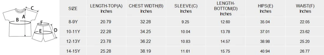 Big Girls' Short Pajama Set (ModelSets 01) size chart