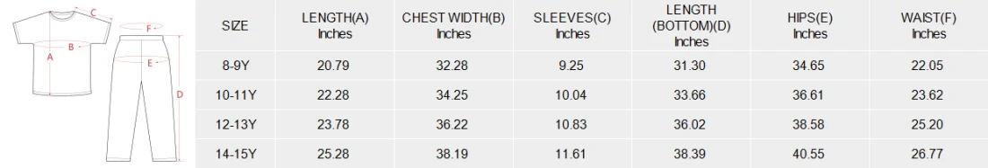 Big Girls' Crew Neck Pajama Set (Model Sets 31) size chart
