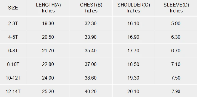 Kids Crew Neck Short Sleeve T-Shirt size chart