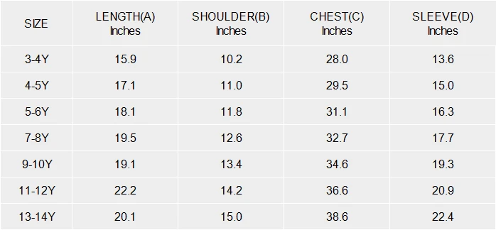 Children's Double-Pocket Baseball Jacket size chart