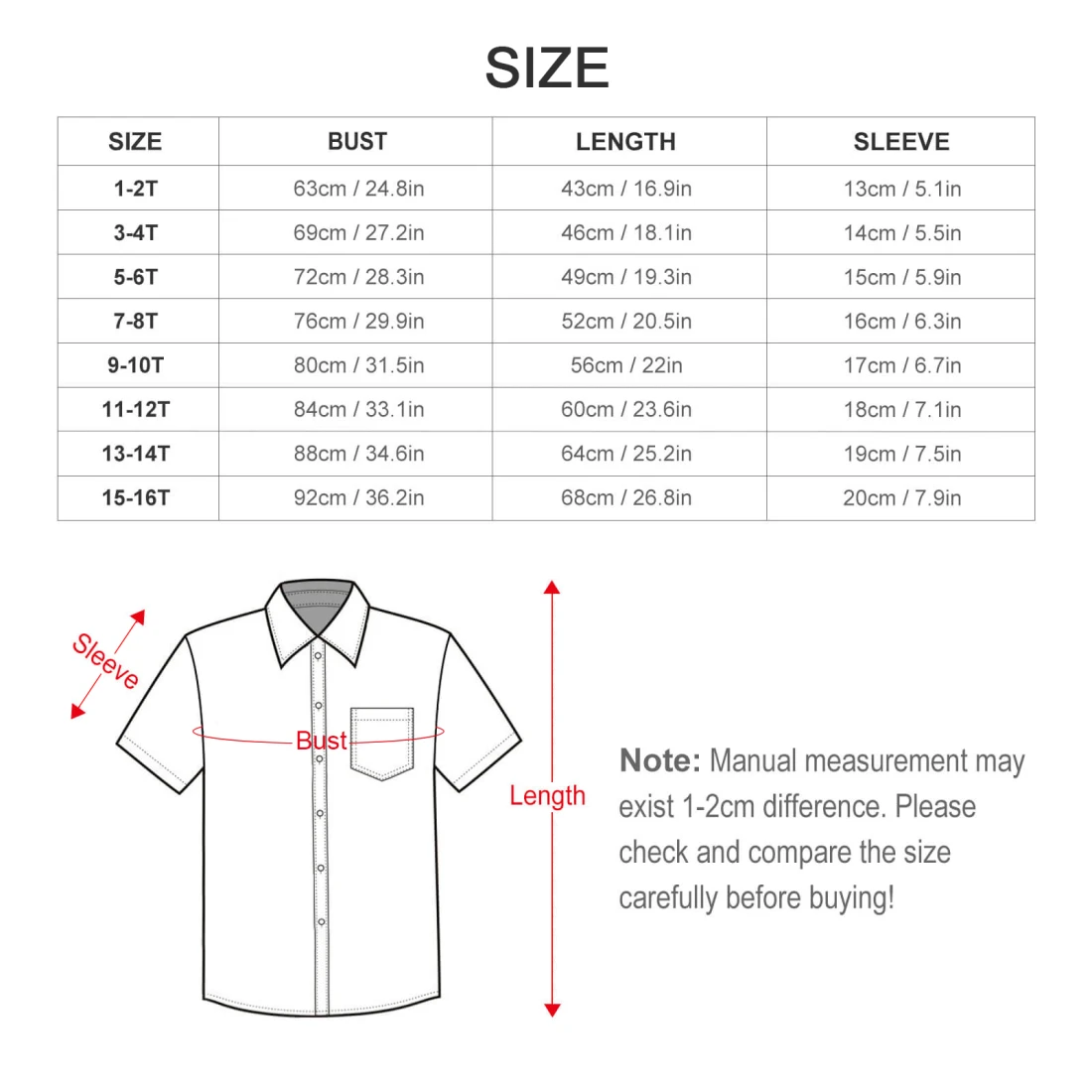 Children's Short Sleeved Shirt size chart