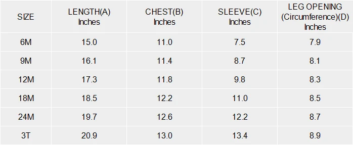 Baby's Long-Sleeve Romper size chart