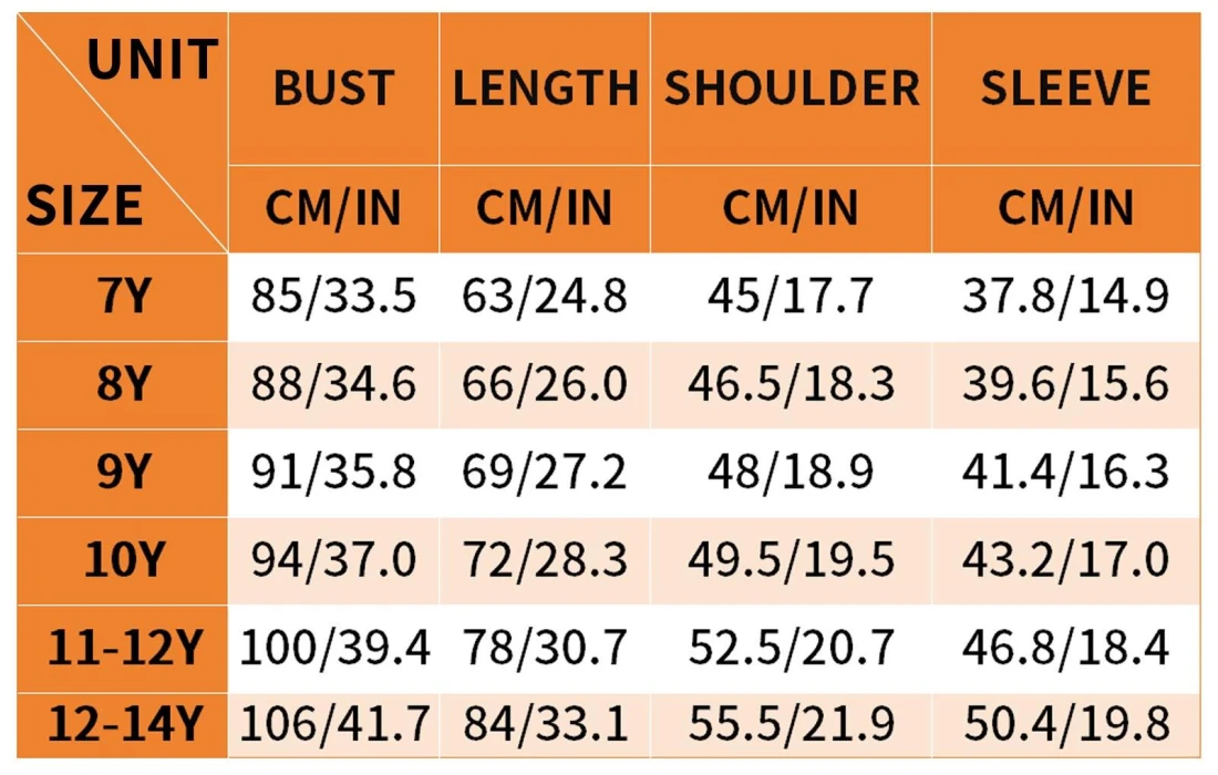Long Bagless Kid's Hooded Sweatshirt (Without Hood Cord) size chart