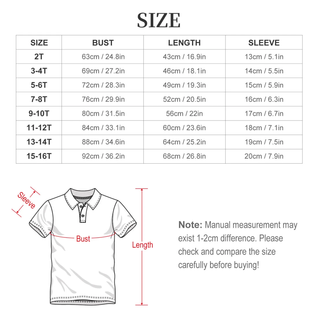 Children's Polo Shirt size chart