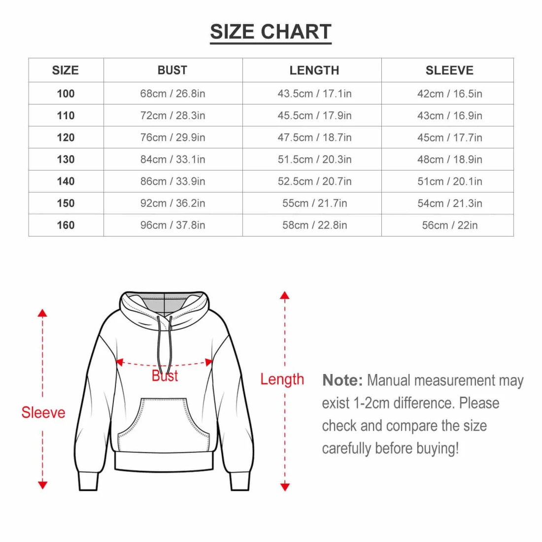 Kids' Hoodie and Jogger Set size chart