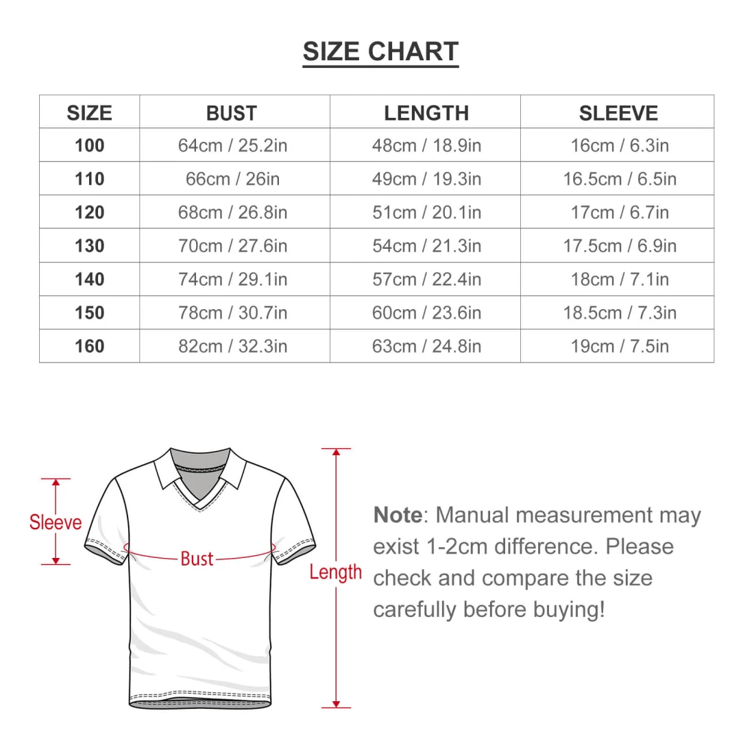 Kids Soccer Jersey size chart